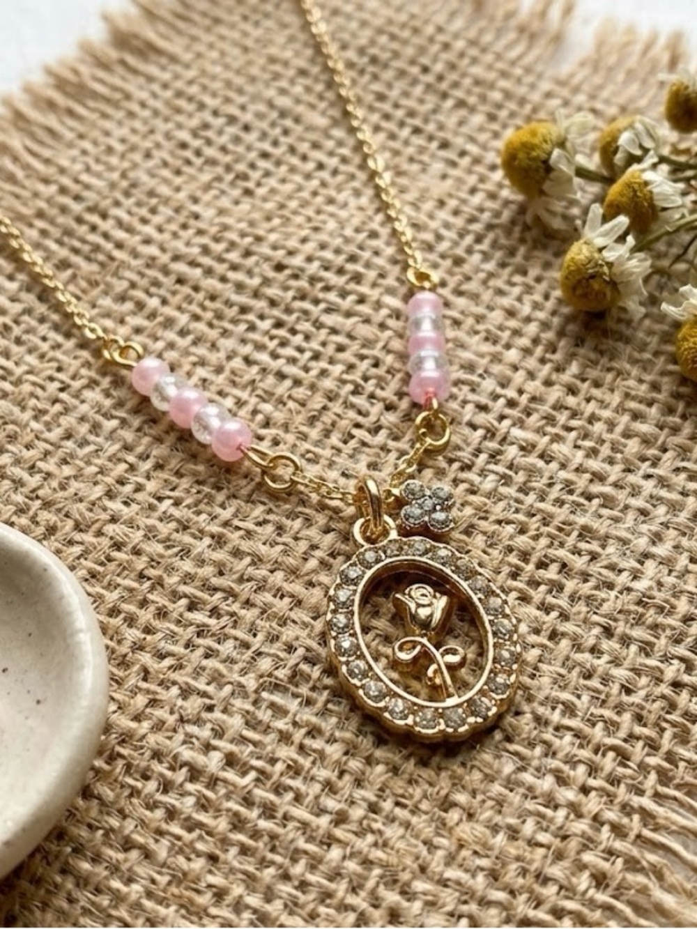 Gold Rose Pendant Necklace with Pink Bead Accents